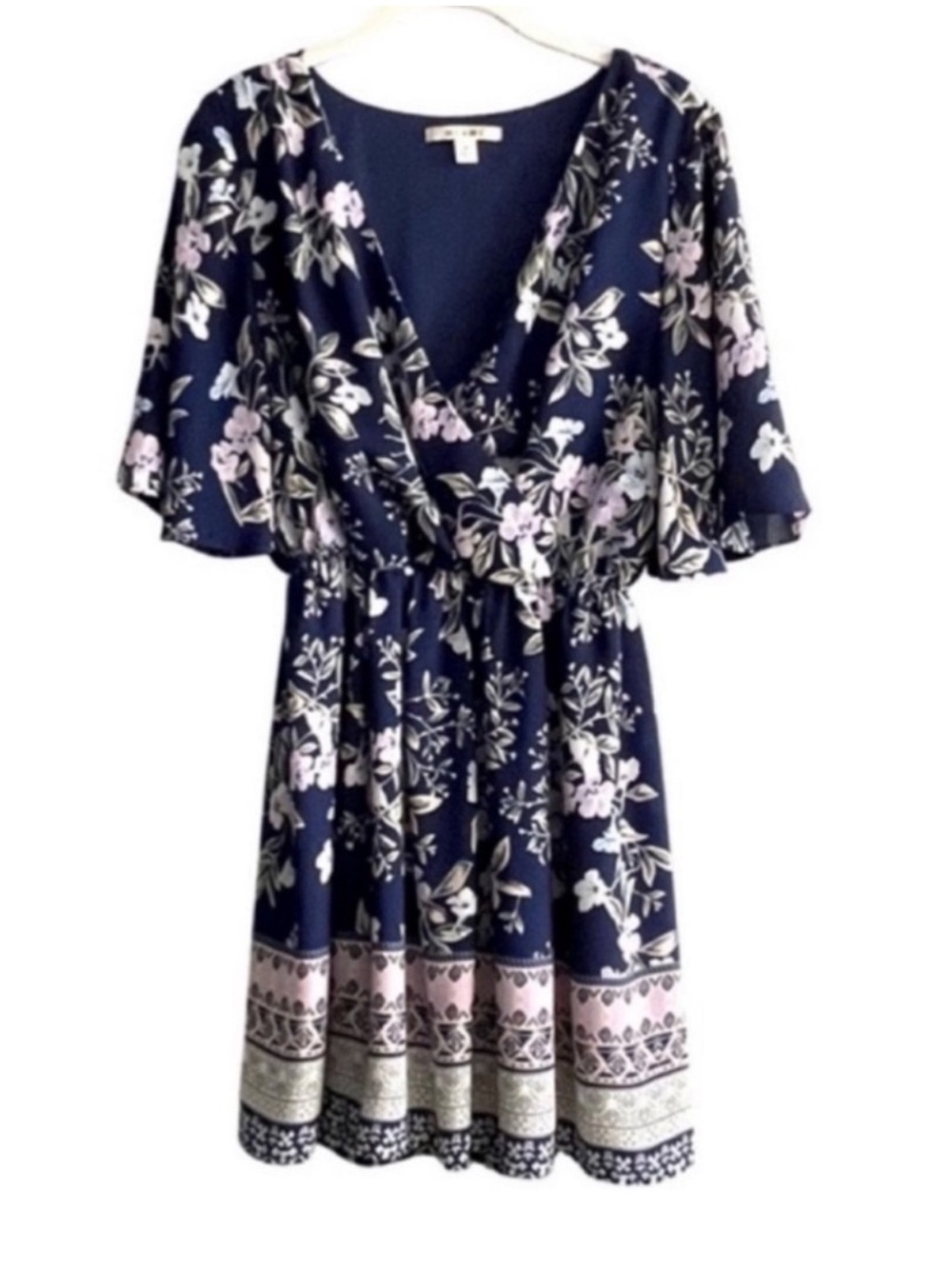 Miami Flutter Sleeve Dress Surplice Top Mixed Design Blue Multi Size M